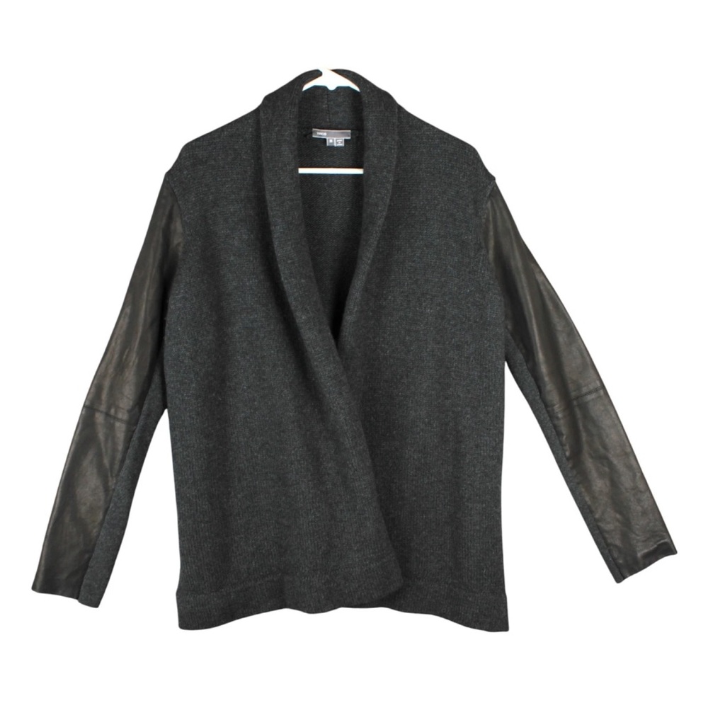 Vince Women Sweater Cardigan Knit Size M Lamb Leather Sleeves Yak Wool Black EUC